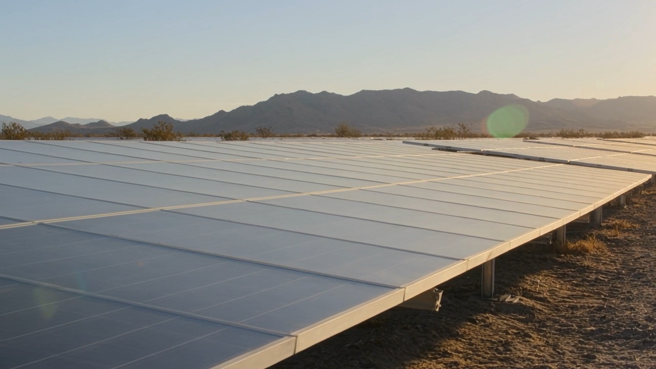 Rows of solar panels catching low golden light in the Arizona desert