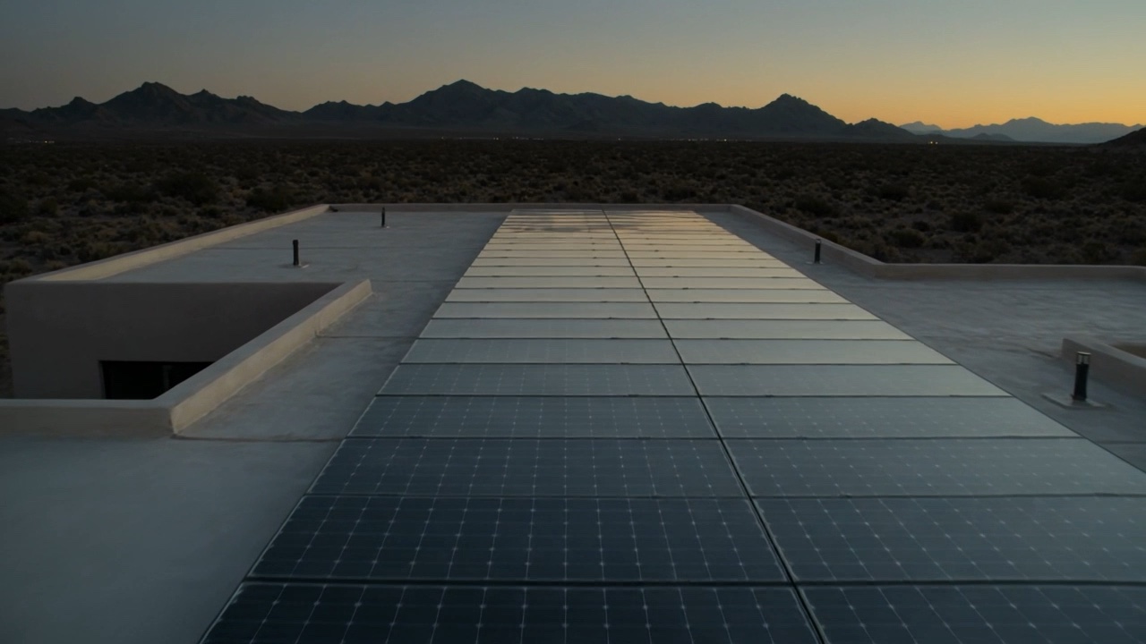 A rooftop solar array on a desert home catching first light over the Phoenix mountains
