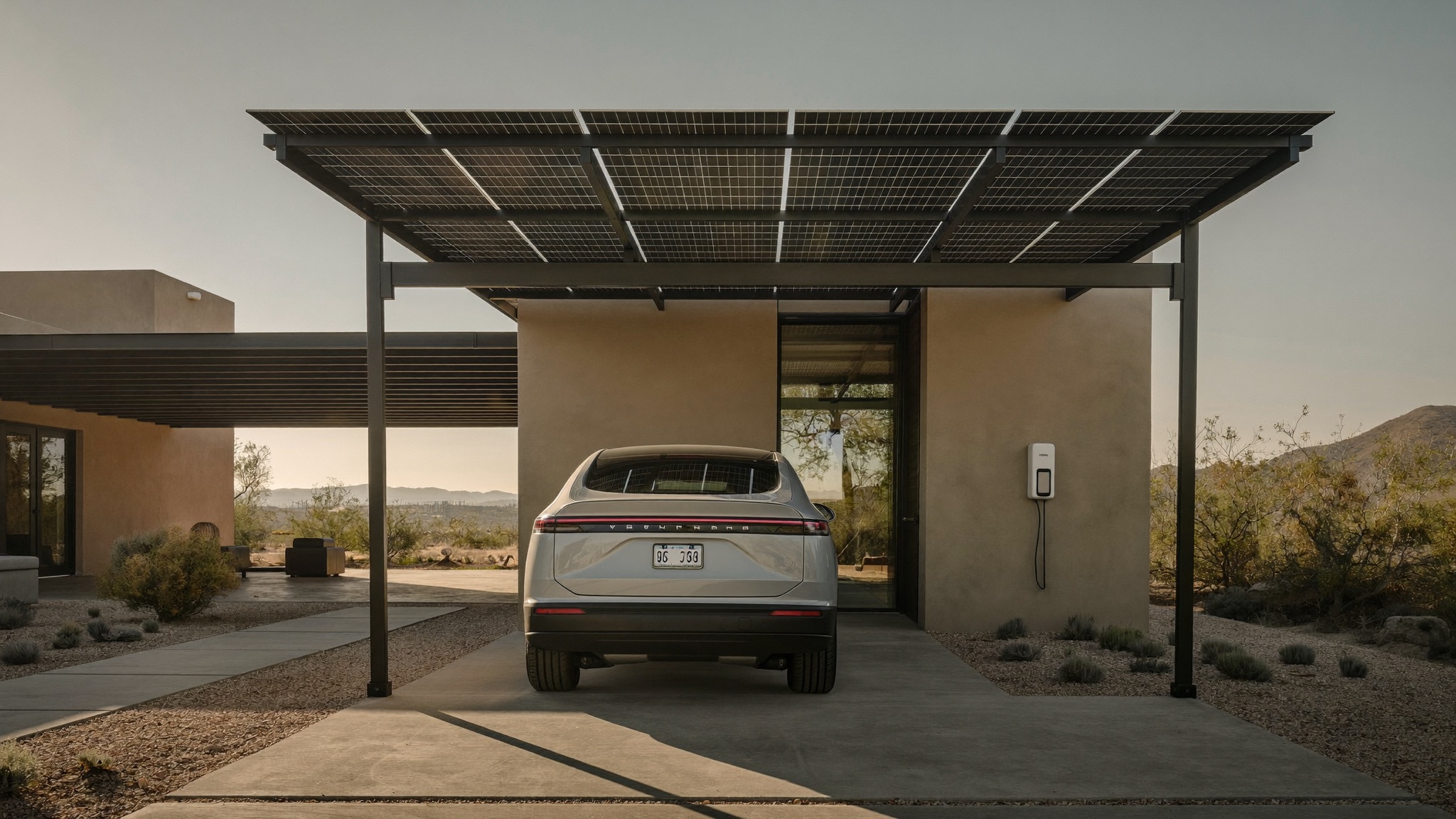 An electric vehicle charging under a solar carport at a desert-modern Phoenix home
