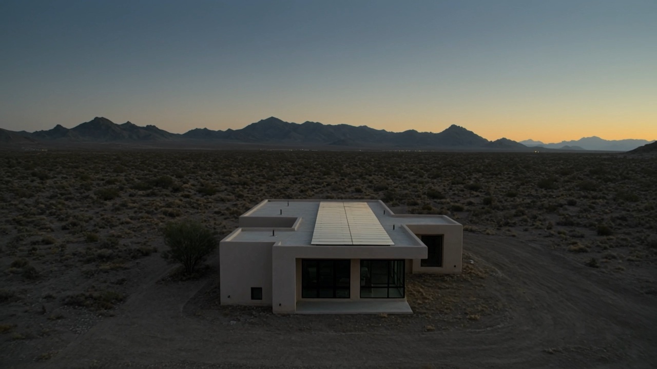 A modern desert home with a rooftop solar array under an indigo pre-dawn sky over the Phoenix mountains