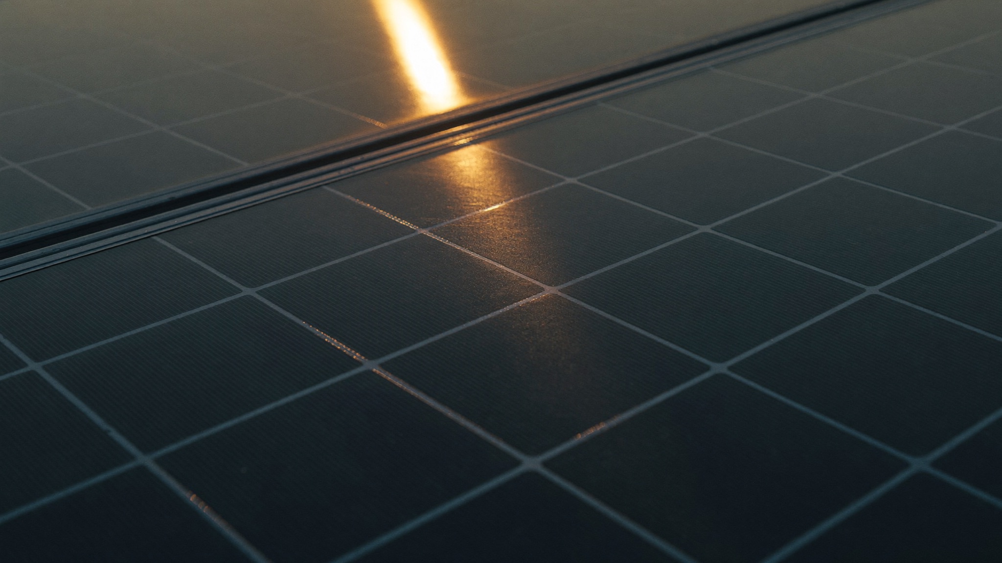 Close-up of dark blue monocrystalline solar cells catching a warm sunrise reflection across the glass
