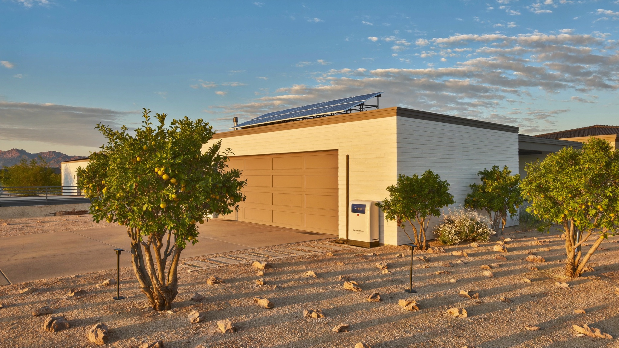 A renovated Arcadia ranch home at golden hour with rooftop solar and a wall-mounted home battery on the garage