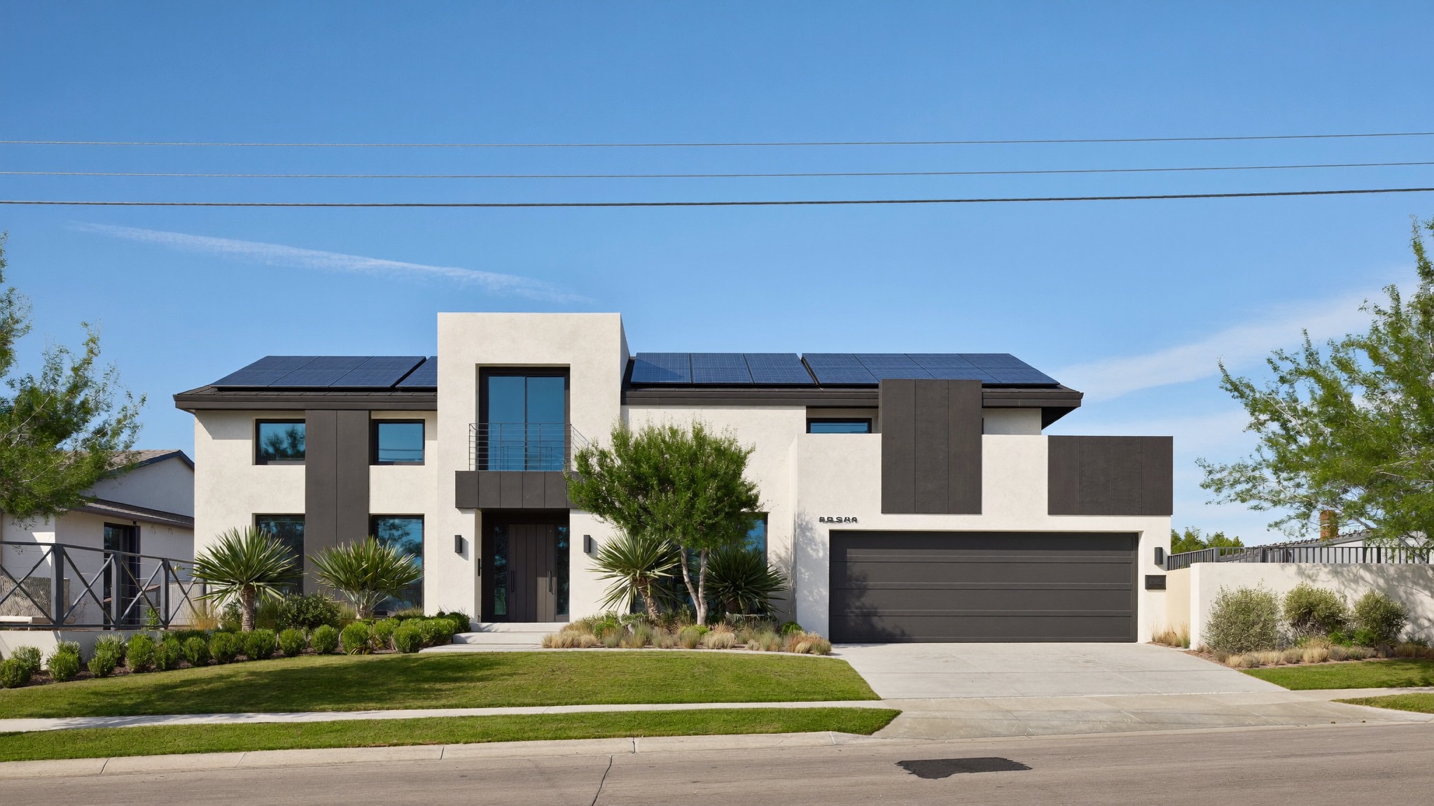 A contemporary two-story Gilbert home under a clear blue sky with a full rooftop solar array